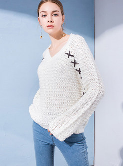 Brief White Pullover Loose Hollow Out Sweater