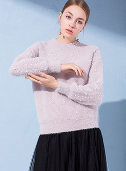Fashion Beaded Solid Color Straight Sweater