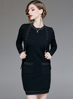 Stylish Sleeveless Knitted Dress & V-neck Cardigan Coat