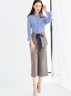 Striped Lapel Single-breasted Blouse With Skirt & Grid With Leg Pants
