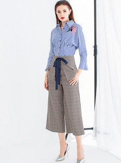 Striped Lapel Single-breasted Blouse With Skirt & Grid With Leg Pants