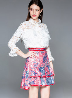 Solid Color Hollow Out Lace Blouse & High Waist Layered Mini Skirt