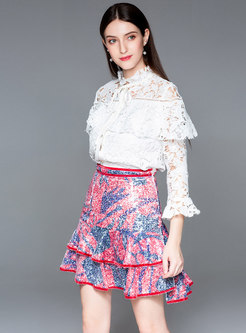 Solid Color Hollow Out Lace Blouse & High Waist Layered Mini Skirt