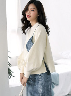 Stylish Color-blocked Puff Sleeve Knitted Sweater