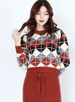 Color-blocked Grid O-neck Knitted Sweater