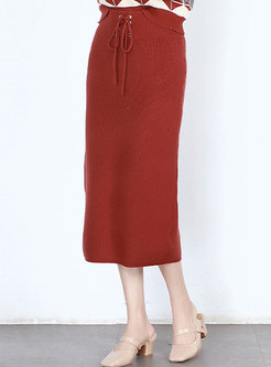 Brief Solid Color Tied-waist Knitted Skirt