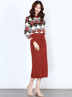 Brief Solid Color Tied-waist Knitted Skirt