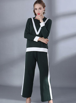 Color-blocked O-neck Sweater & Knitted Wide Leg Pants