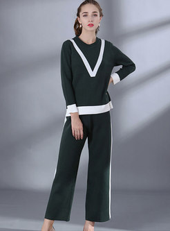 Color-blocked O-neck Sweater & Knitted Wide Leg Pants