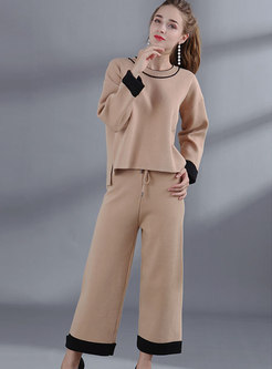 Chic Color-blocked O-neck Loose Sweater & Tied-waist Wide Leg Pants