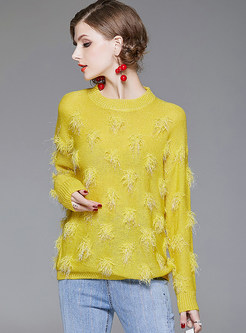 O-neck Long Sleeve Feather Pullover Sweater