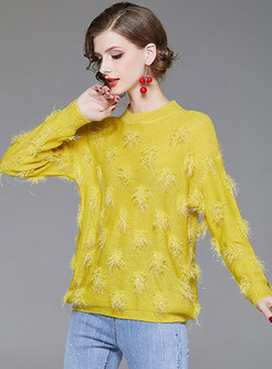 O-neck Long Sleeve Feather Pullover Sweater