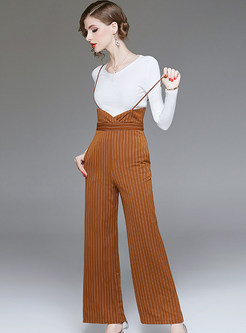 Pullover Slim Bottoming Top & Striped Sling Wide Leg Pants