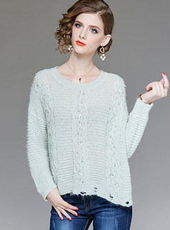 Trendy Holes Solid Color Sequined Hollow Out Sweater