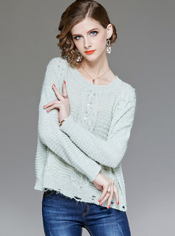 Trendy Holes Solid Color Sequined Hollow Out Sweater