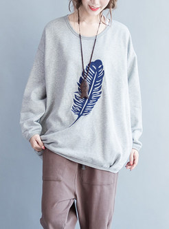 Brief Feather Embroidery Pullover T-Shirt