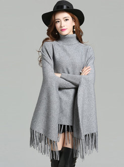Pure Color Loose Fringed Cape Sweater