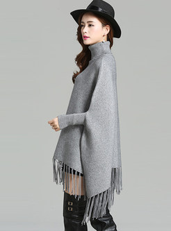 Pure Color Loose Fringed Cape Sweater