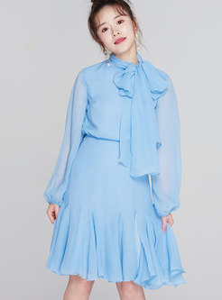 Sweet Blue Stand Collar Top & Blue Mermaid Skirt 