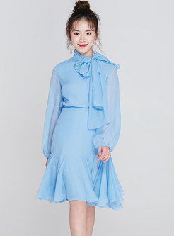 Sweet Blue Stand Collar Top & Blue Mermaid Skirt 