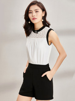 Brief Lace Stitching Sleeveless Wide Leg Rompers