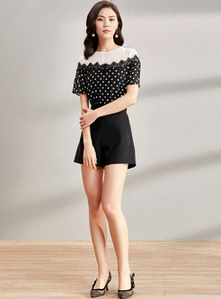 Casual Black Dot Print Stitching Rompers