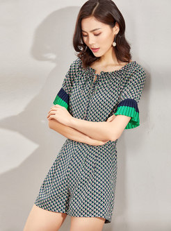Fashion Print Tied Pleated Sleeve Wide Leg Rompers