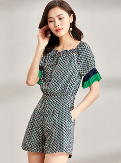 Fashion Print Tied Pleated Sleeve Wide Leg Rompers
