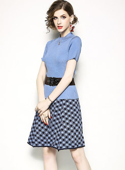 Stand Collar Knitted T-Shirts & Grid Skirt 