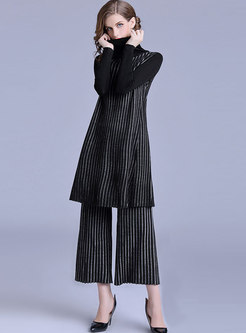 Casual Turtle Neck Knitted Striped Two Piece Outfits