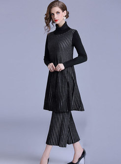 Casual Turtle Neck Knitted Striped Two Piece Outfits