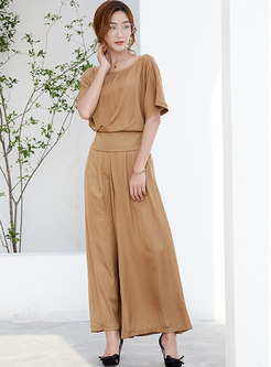 Brief Solid Color O-neck Top & High Waist Wide Leg Pants
