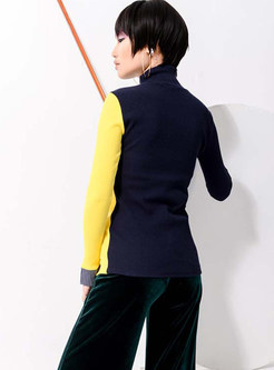 Color-blocked Splicing Turtle Neck Tied Sweater