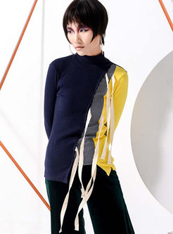 Color-blocked Splicing Turtle Neck Tied Sweater