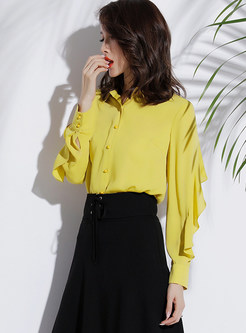 Solid Color Single-breasted Flouncing Chiffon Blouse