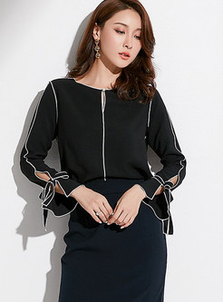 Chic Color-blocked O-neck Tied Chiffon Blouse