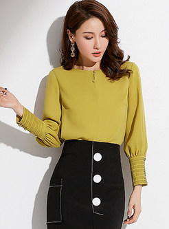 Solid Color O-Neck Pullover Blouse