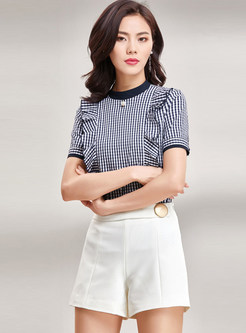 Fashion Checkered Flouncing Short Sleeve Top 