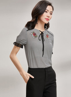 Chiffon Splicing Lace Embroidery Tied Bowknot Top