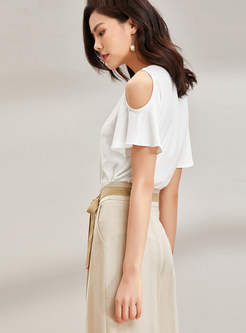 White Letter Embroidery Off The Shoulder T-shirt