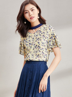 Chiffon Flare Sleeve Floral Print Blouse