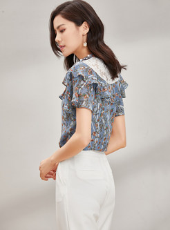 Chic Floral Print Lace Stitching Blouse