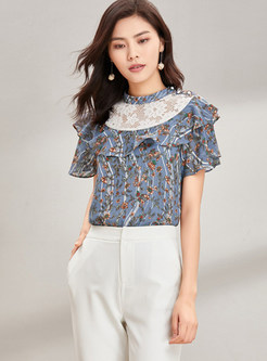 Chic Floral Print Lace Stitching Blouse