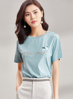 Casual Embroidery Pure Color T-Shirt
