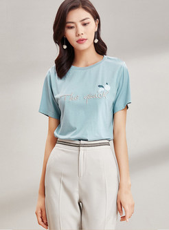 Casual Embroidery Pure Color T-Shirt