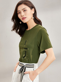 Green Embroidery Casual Cotton T-Shirt