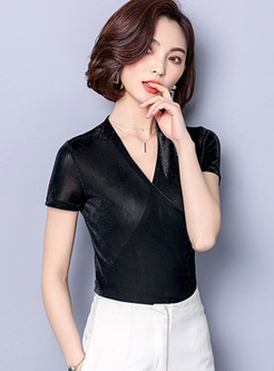 Solid Color V-neck Short Sleeve Top