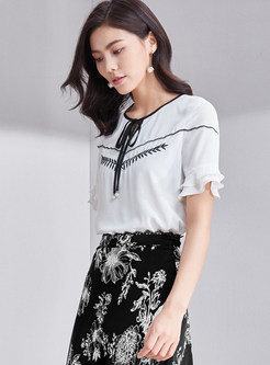 Casual Chiffon Embroidery Petal Sleeve Tied Top