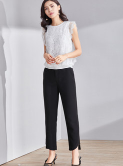 Brief Sleeveless Round Neck Splicing Lace Top
