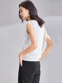 Brief Sleeveless Round Neck Splicing Lace Top